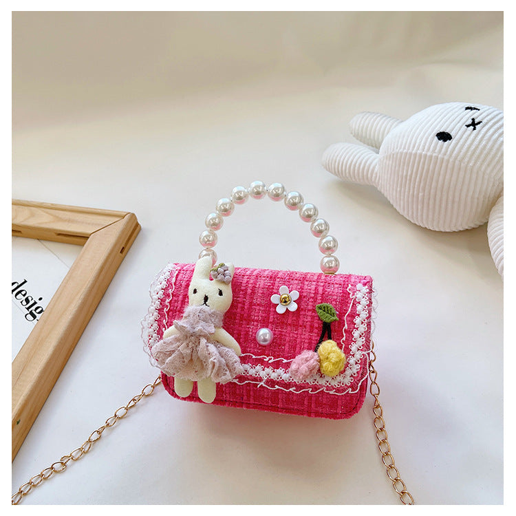 Children's pearl handbag 2024 new cotton and linen small square bag fashionable and cute girls decorative bag messenger bag 