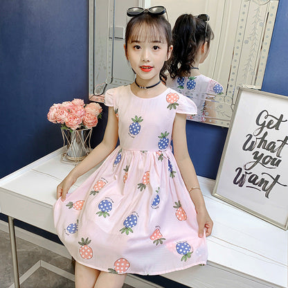 Girls dress 2024 summer new children's stylish printed cotton skirt little girl short-sleeved cartoon vest skirt 