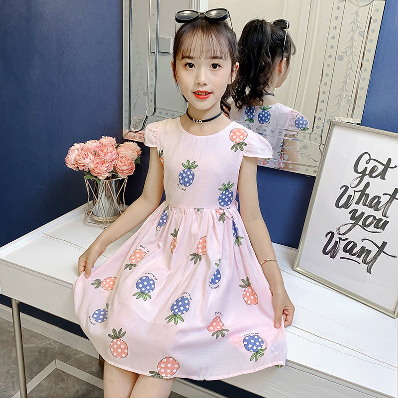 Girls short-sleeved dress 2024 summer new children's stylish printed cotton skirt little girl cartoon vest skirt