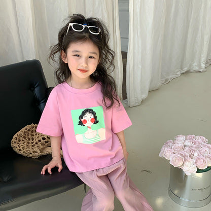 2024 new summer girls pure cotton cartoon short-sleeved T-shirts for small and medium-sized children and babies Korean style half-sleeved tops