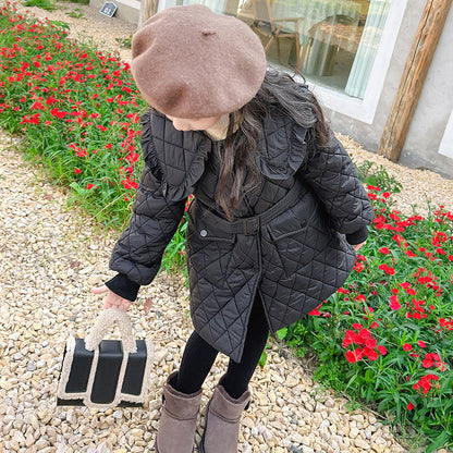 Girls 2024 new cotton coat plaid quilted cotton light cotton coat with extended waist belt Korean campus style cotton coat trendy