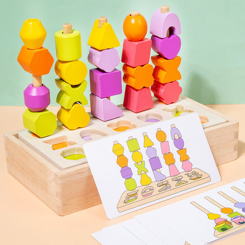 Children's wooden geometric shapes matching color cognition enlightenment beaded five-column set column building blocks educational toys