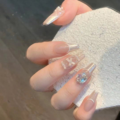 Wearable nail art nail tips wholesale ice transparent pure desire style Xiaohongshu hot-selling alloy bow nail stickers finished products