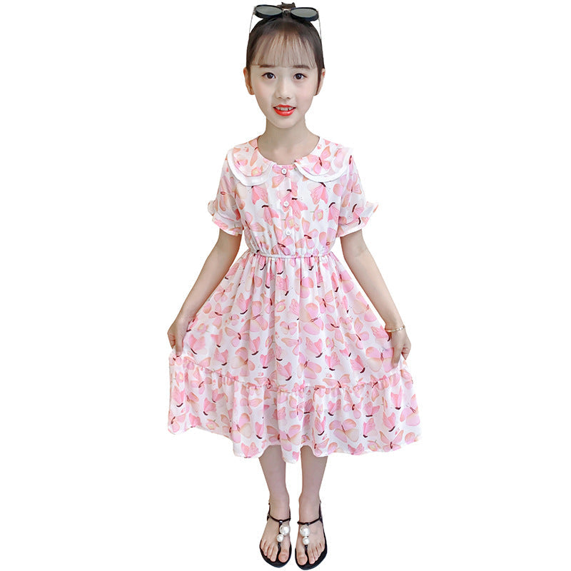 Girls chiffon dress 2024 summer new style doll collar butterfly print princess dress Bohemian holiday dress