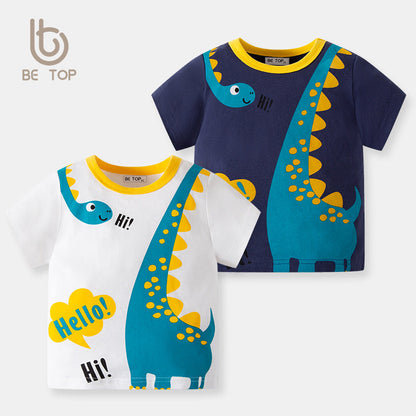 Boys short-sleeved baby cartoon half-sleeved 2024 summer clothes three-dimensional dinosaur children's T-shirt pure cotton children's clothing one piece delivery