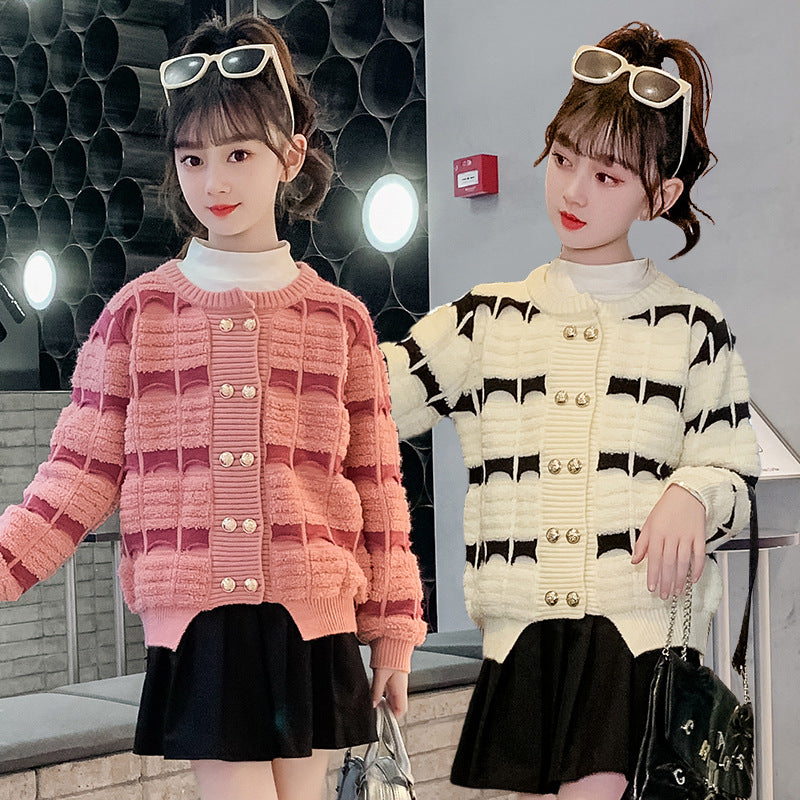 2024 new girls sweater double-breasted sweater coat hollow double-layer Korean version of foreign Internet celebrity middle and large children's knitted sweater