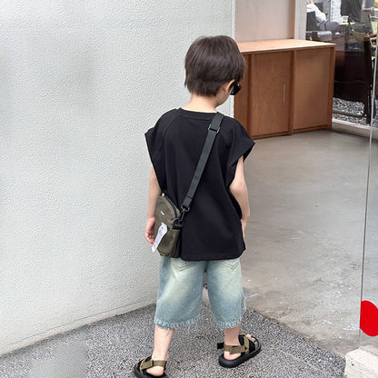 Amo Baby 2024 Summer Boys Handsome Loose Letter Sleeveless Top Baby Comfortable Cotton Sports Vest Trend