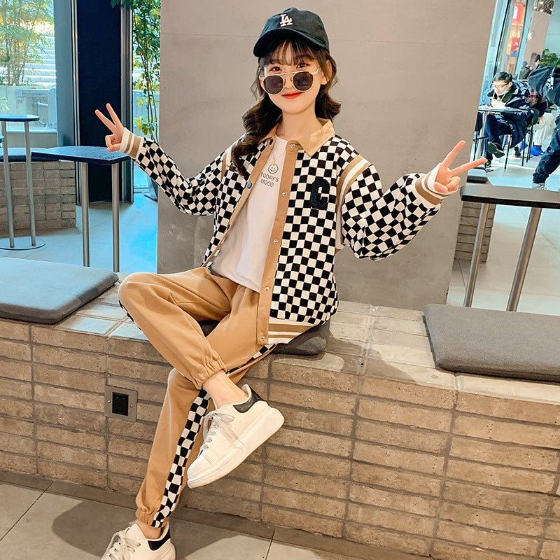 2024 new suits for middle and large children girls and boys checkerboard spring and autumn sports elastic loose baseball uniform two-piece suit