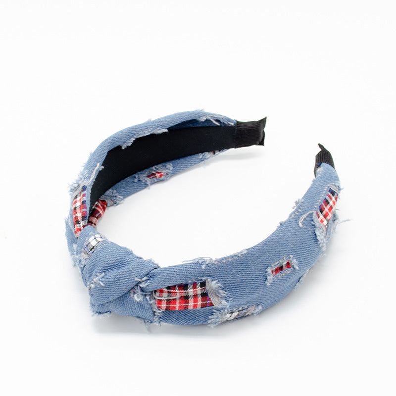 Cross-border new European and American headband women's Korean denim versatile temperament knotted head buckle wide-edge face washing headband hair cave women