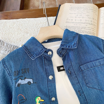 Children's shirt Bangcheng 2024 summer cartoon duck print boy denim shirt children's clothing cardigan trend G0190 