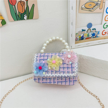 New diamond pattern children's bag fashionable pearl handbag simple chain crossbody small square bag small Chanel style shoulder bag