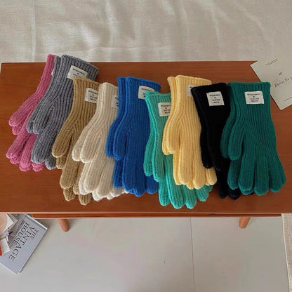 Children's 2023 winter thick wool warm color matching gloves for boys and girls baby letter label hole five-finger gloves