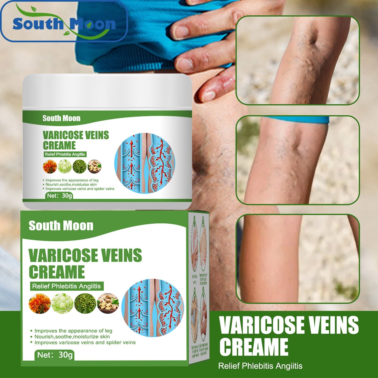 South Moon Varicose Repair Cream Legs Earthworms Leg Veins Relief Pain Leg Care Massage Cream 