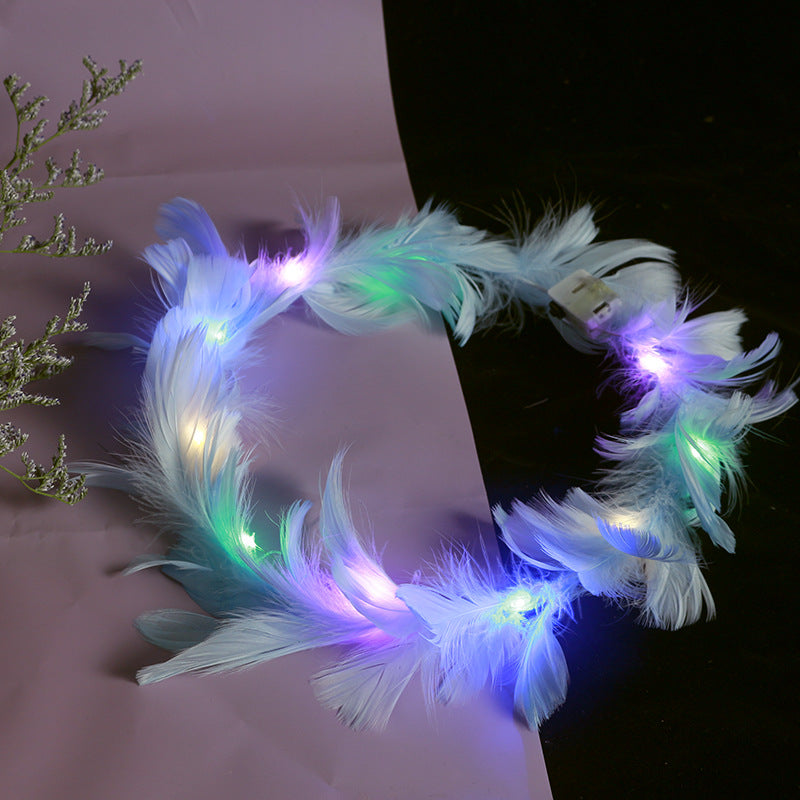 2021 new fairy luminous feather wreath angel goose feather wreath scenic area stall women's flash headdress batch