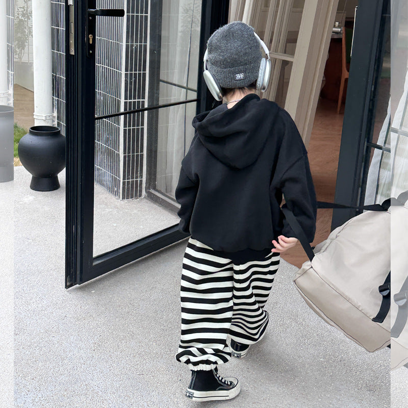 Amo Baby Children's 2023 Autumn and Winter Warm Sweatpants for Boys and Girls Baby Composite Aoliang Fleece Striped Drawstring Pants Trendy