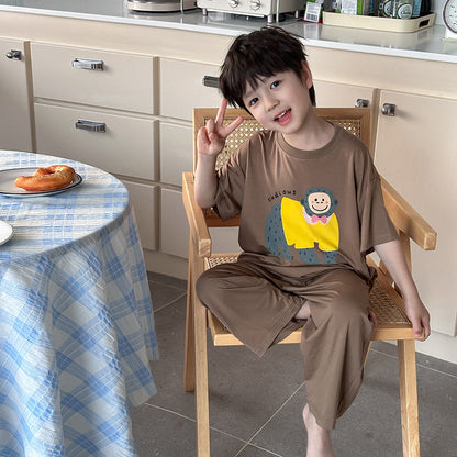 Amo Beibei children's 2024 summer modal cartoon home clothes boys and girls comfortable air-conditioned clothes pajamas two-piece set