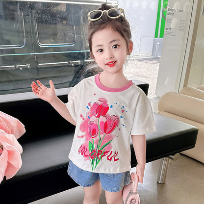 Girls summer short-sleeved tops cotton T-shirt with printed contrasting colors loose elastic fat tulip kindergarten elementary school trendy