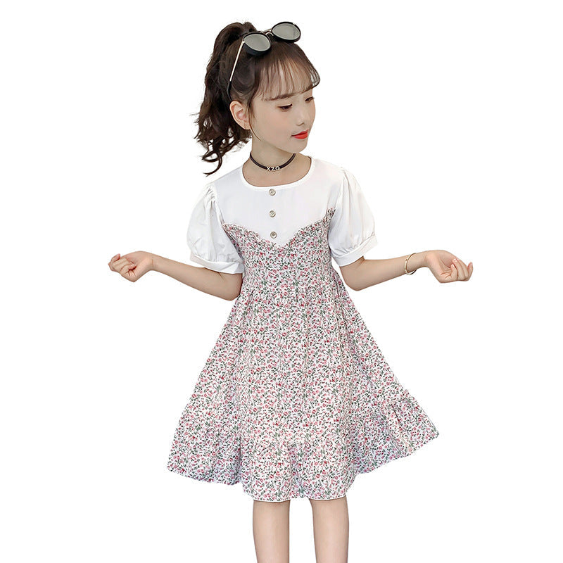 Girls dress 2024 summer new style medium and large children's floral dress pastoral style fake two-piece short-sleeved dress