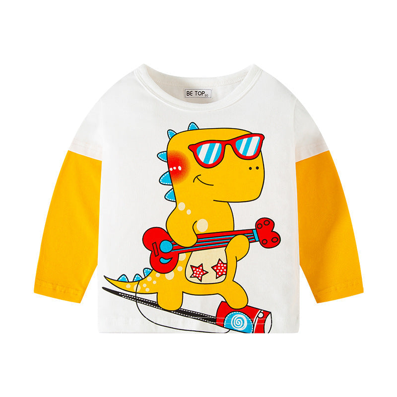 betop children's clothing new spring and autumn children's long-sleeved T-shirt trendy cartoon dinosaur sleeves boy's top round neck knitted