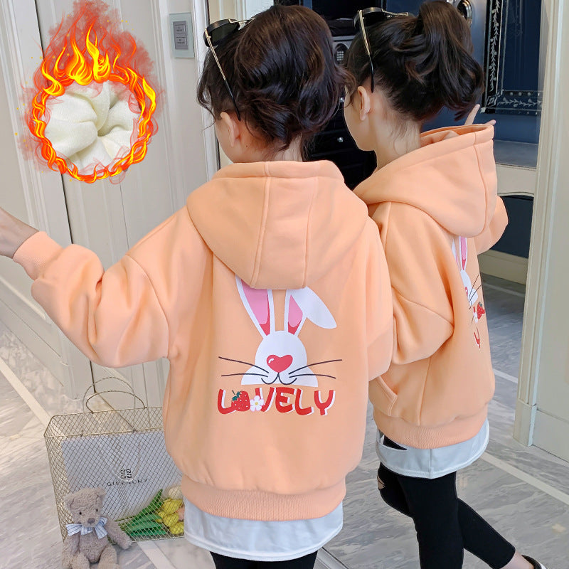 Girls 2024 Winter New Plush Jacket Children's Korean Style Thickened Cardigan Top Cartoon Hooded Sweater