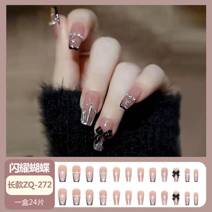 Wearable nail wholesale Xiaohongshu hot-selling nail art nail tips medium and long glitter black bow detachable nail stickers