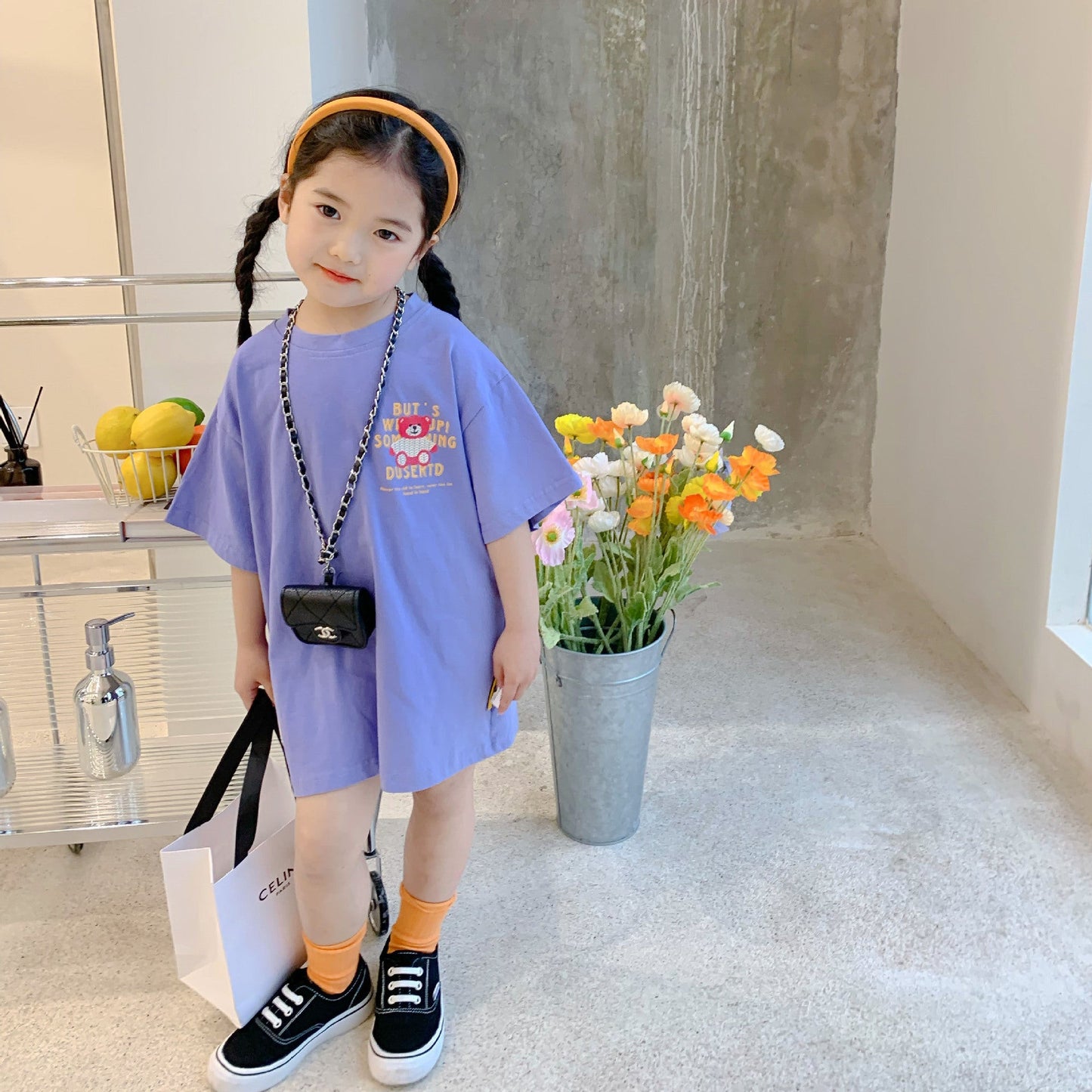 2024 summer new style girls cartoon bear short-sleeved printed skirt small children's stylish dress girls skirt season