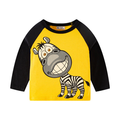 2023 children's clothing children's long-sleeved T-shirt boys cartoon print autumn new style sleeve knitted sweater pure cotton bottoming shirt