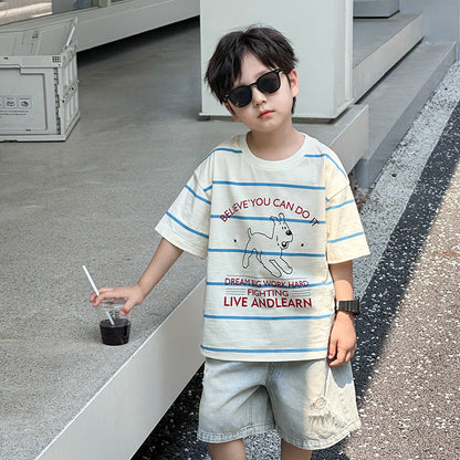 Amo Beibei 2024 Summer Boys and Girls Cute Letter Puppy Striped T-shirt Children's Baby Cotton Breathable Top