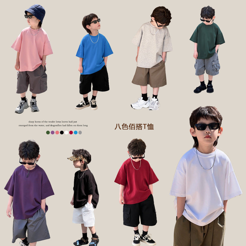 Children's clothing boys short-sleeved T-shirt 2024 summer new Korean version children's solid color round neck half-sleeved T-shirt summer clothing wholesale