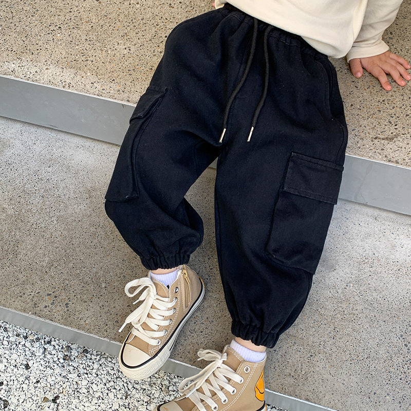 Amo Beibei children's 2023 winter thickened fleece trousers for boys and girls silver fox fleece overalls drawstring pants