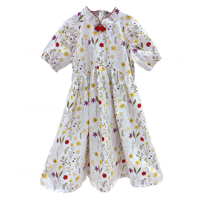 Girls summer cotton dress pure cotton floral long dress ethnic style pastoral French style Republic of China style improved new cheongsam