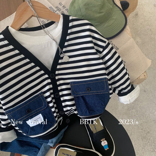 Children's jacket 2024 Bangcheng Spring New Boys Striped Denim Pocket Cardigan Baby Casual Jacket C0263