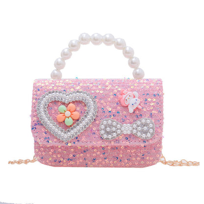 New style children's bag fashion pearl handbag cartoon cute small square bag trendy chain crossbody bag girls shoulder bag