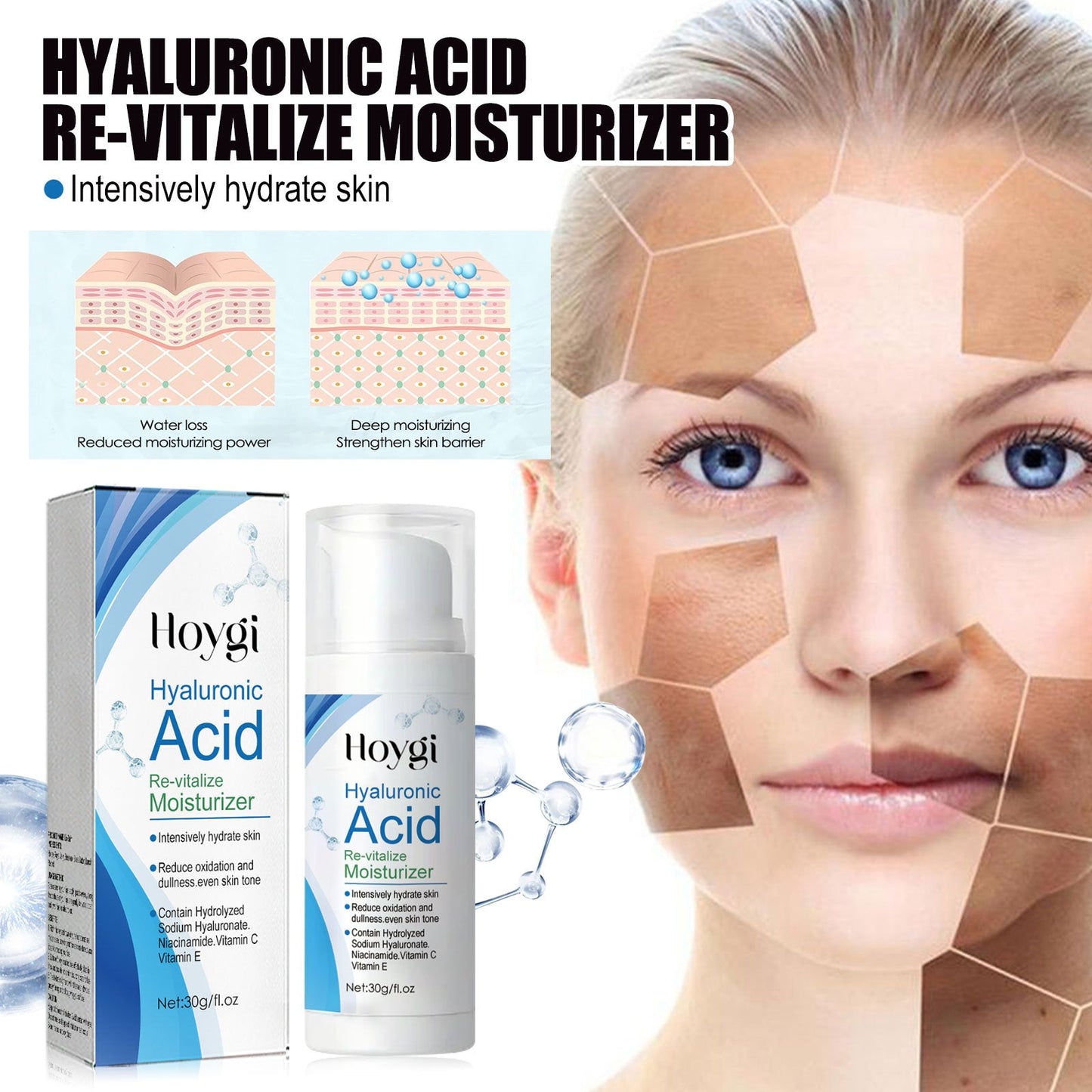 Hoygi Hyaluronic Acid Cream ផ្តល់សំណើម ផ្តល់សំណើម ធ្វើអោយស្បែកភ្លឺថ្លា កាត់បន្ថយស្នាមជ្រីវជ្រួញ និងស្នាមជ្រួញ 