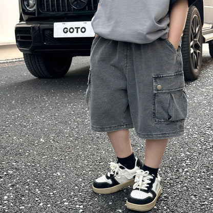 Boys workwear denim shorts 2024 summer new children's Korean style trendy cool shorts for middle and large children thin shorts