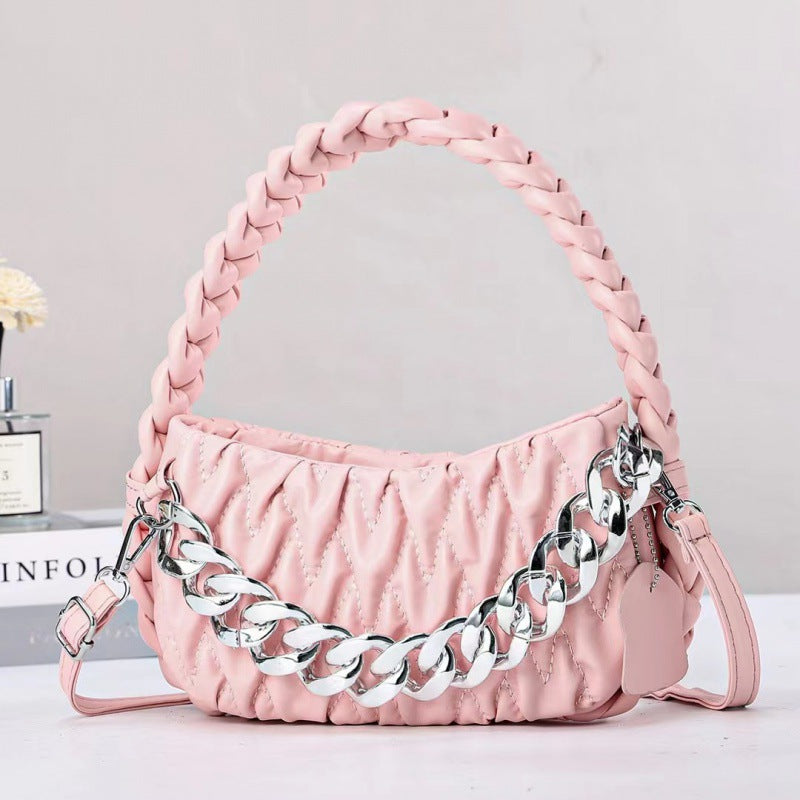 Niche 2024 autumn and winter new trend fashion woven handbag soft leather wrinkled shoulder crossbody chain bag 