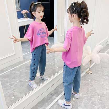 Girls short-sleeved T-shirt summer clothes 2024 new Korean style popular children's clothing middle and large children's summer loose tops