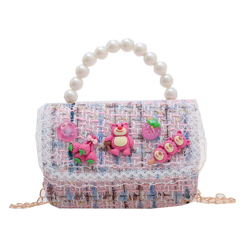 Children's messenger bag fashionable girl princess small fragrance style pearl hand-held change small shoulder bag cute girl shoulder bag 