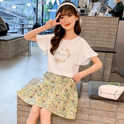 Girls summer suit skirt short sleeve suit floral cotton cloth lotus leaf sleeve skirt two piece suit Korean style fragrant style street