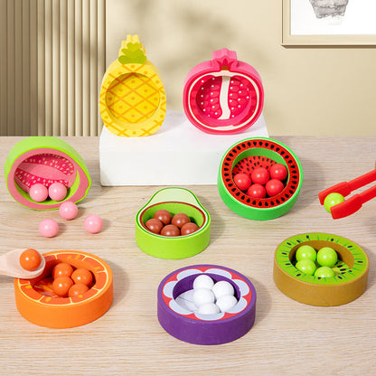 Children's wooden exercise baby hands-on parent-child interactive fruit recognition color classification clip beads educational toys