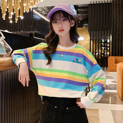 Girls Spring and Autumn Striped Top Pullover Elastic Loose Korean Style Color Stripes Medium and Large Children Rainbow Fat Large Edition Trendy