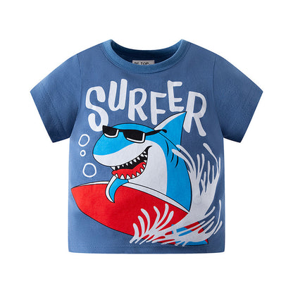 New children's short-sleeved cartoon shark pattern tops boys T-shirts pure cotton summer clothes half-sleeves one piece delivery