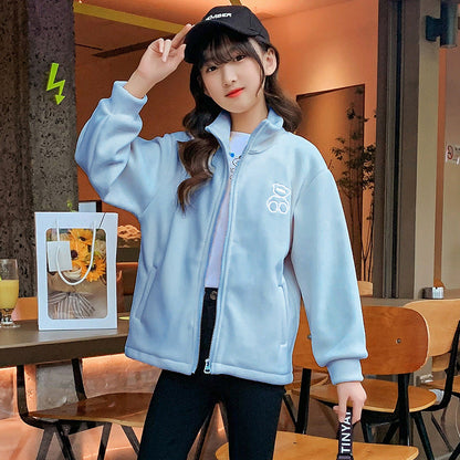 Girls winter fleece jacket 2024 new spring and winter medium and large children's cardigan lining double-sided fleece thickened warm trend