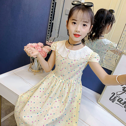 Girls dress 2024 summer new children's stylish printed cotton skirt little girl short-sleeved cartoon vest skirt 