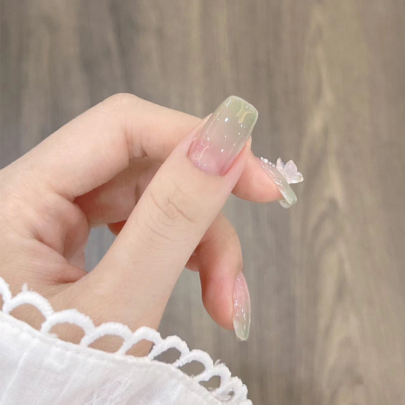 Wearable nail wholesale light green French gradient bow nail art finished product removable nail stickers false nails