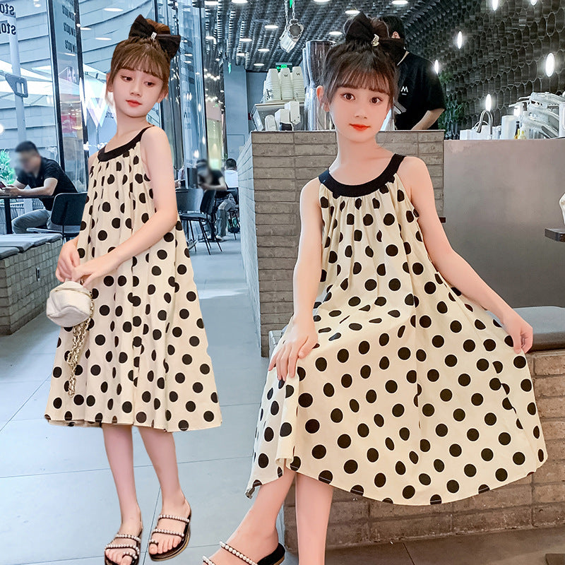 Girls summer cool sling big polka dot skirt cotton dress Japanese style sweet retro pure cotton cloth student