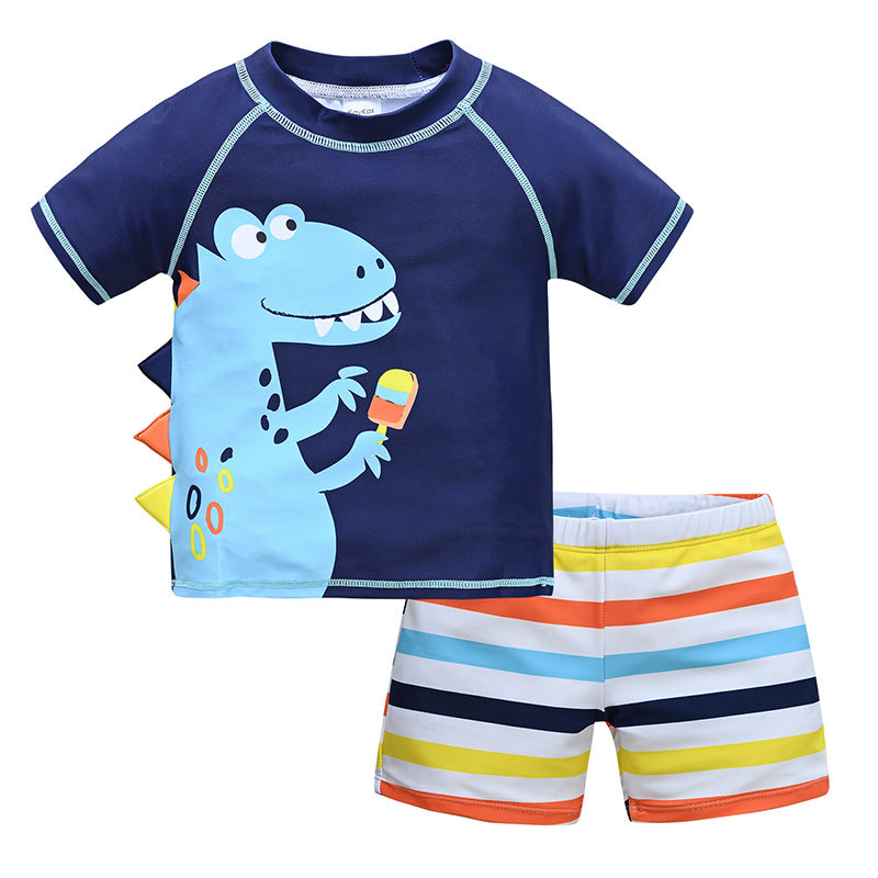 Children's swimsuit 1-8 years old big child split short-sleeved swimsuit boy swimming cap cartoon beach baby swimsuit swimming trunks 