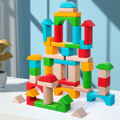 Children's wooden creative construction stacking early education 50 beech wood large particles geometric assembly building blocks educational toys