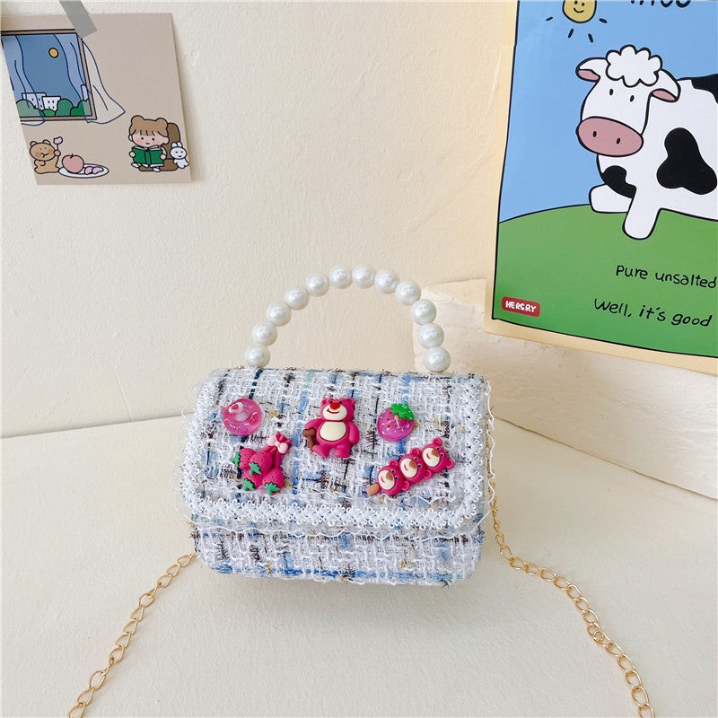 Children's messenger bag fashionable girl princess small fragrance style pearl hand-held change small shoulder bag cute girl shoulder bag 