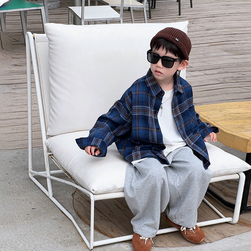 Children's long-sleeved shirt boy plaid shirt spring and autumn style 2024 new style little boy casual stylish autumn coat